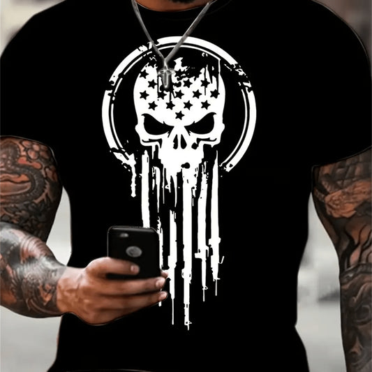 Mens skull gun Tops, Casual Short Sleeved Round Neck T-shirts, Summer Outdoor Men's Clothing